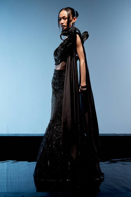 Shop Miku Kumar Black Satin, Organza, Net Beads, Cut Beatrice And Cutdana Embroidered Lehenga Set Online at Aza Fashions Shop_Miku Kumar_Black Satin, Organza, Net Beads, Cut Beatrice And Cutdana Embroidered Lehenga Set _Online_at_Aza_Fashions