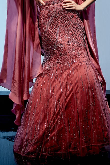 Miku Kumar_Red Satin, Organza, Net Sequins, Beads V-neck Cerise Embroidered Lehenga Set _Online_at_Aza_Fashions