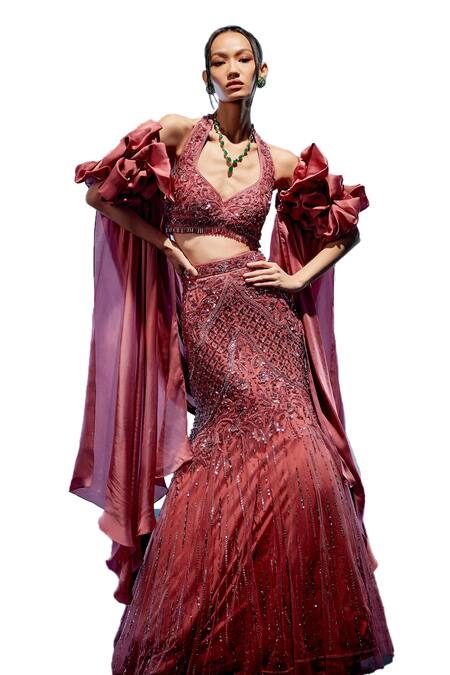 Buy_Miku Kumar_Red Satin, Organza, Net Sequins, Beads V-neck Cerise Embroidered Lehenga Set _Online_at_Aza_Fashions