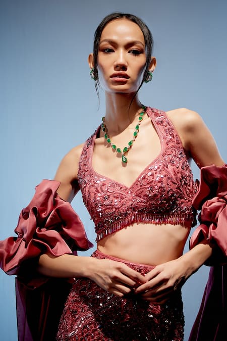 Miku Kumar_Red Satin, Organza, Net Sequins, Beads V-neck Cerise Embroidered Lehenga Set _at_Aza_Fashions