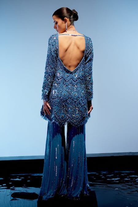 Shop Miku Kumar Blue Georgette, Satin Sequins Sweetheart Trinket Embroidered Kurta Sharara Set at Aza Fashions Shop_Miku Kumar_Blue Georgette, Satin Sequins Sweetheart Trinket Embroidered Kurta Sharara Set _at_Aza_Fashions