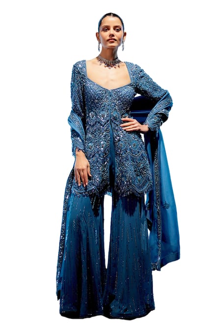 Miku Kumar Blue Georgette, Satin Sequins Sweetheart Trinket Embroidered Kurta Sharara Set Online at Aza Fashions Miku Kumar_Blue Georgette, Satin Sequins Sweetheart Trinket Embroidered Kurta Sharara Set _Online_at_Aza_Fashions