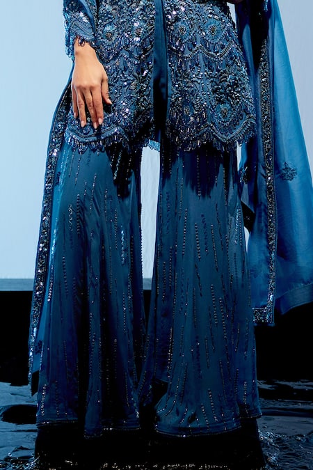 Buy Miku Kumar Blue Georgette, Satin Sequins Sweetheart Trinket Embroidered Kurta Sharara Set Online at Aza Fashions Buy_Miku Kumar_Blue Georgette, Satin Sequins Sweetheart Trinket Embroidered Kurta Sharara Set _Online_at_Aza_Fashions