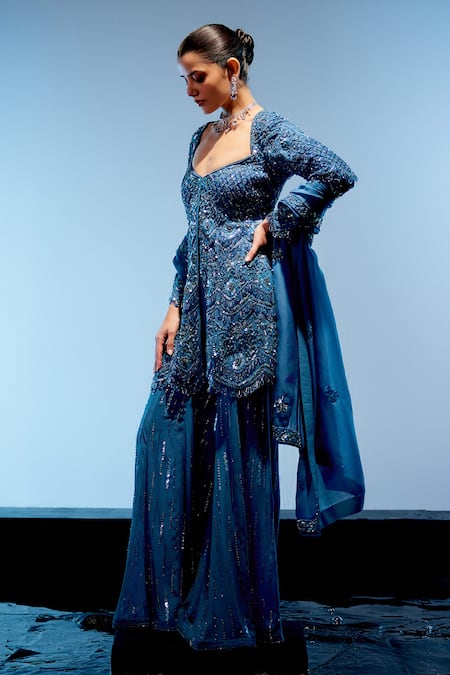 Shop Miku Kumar Blue Georgette, Satin Sequins Sweetheart Trinket Embroidered Kurta Sharara Set Online at Aza Fashions Shop_Miku Kumar_Blue Georgette, Satin Sequins Sweetheart Trinket Embroidered Kurta Sharara Set _Online_at_Aza_Fashions