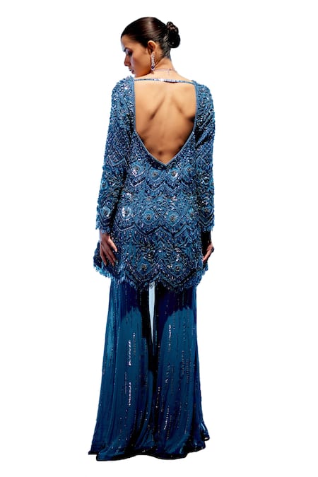 Shop Miku Kumar Blue Georgette, Satin Sequins Sweetheart Trinket Embroidered Kurta Sharara Set Shop_Miku Kumar_Blue Georgette, Satin Sequins Sweetheart Trinket Embroidered Kurta Sharara Set