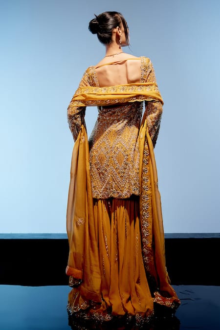 Shop Miku Kumar Orange Organza, Georgette Sequins, Tassels Aurelia Embroidered Kurta Sharara Set at Aza Fashions Shop_Miku Kumar_Orange Organza, Georgette Sequins, Tassels Aurelia Embroidered Kurta Sharara Set _at_Aza_Fashions