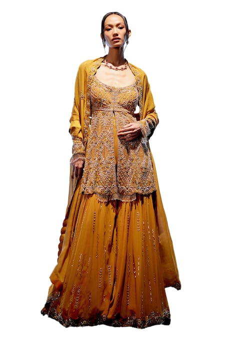 Buy Miku Kumar Orange Organza, Georgette Sequins, Tassels Aurelia Embroidered Kurta Sharara Set Online at Aza Fashions Buy_Miku Kumar_Orange Organza, Georgette Sequins, Tassels Aurelia Embroidered Kurta Sharara Set _Online_at_Aza_Fashions