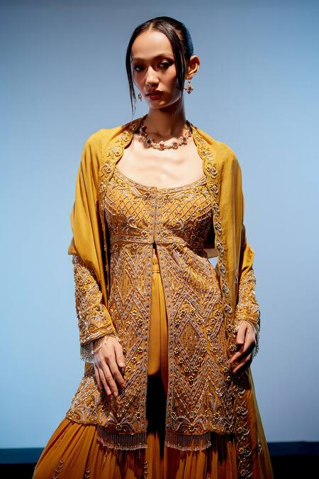 Shop Miku Kumar Orange Organza, Georgette Sequins, Tassels Aurelia Embroidered Kurta Sharara Set Online at Aza Fashions Shop_Miku Kumar_Orange Organza, Georgette Sequins, Tassels Aurelia Embroidered Kurta Sharara Set _Online_at_Aza_Fashions