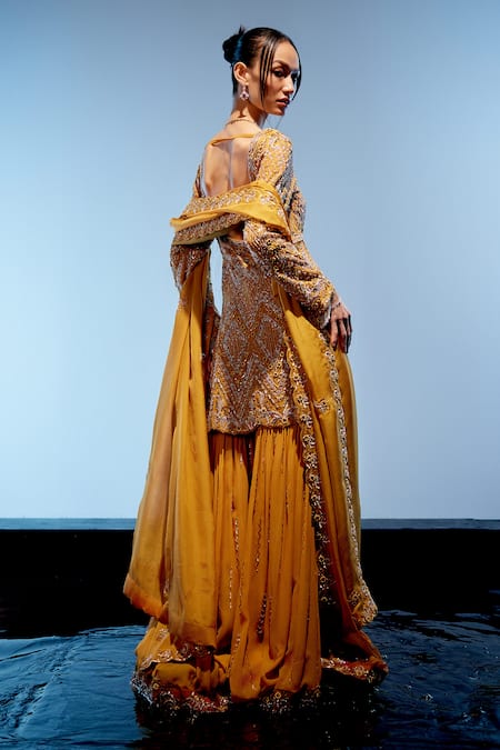 Buy Miku Kumar Orange Organza, Georgette Sequins, Tassels Aurelia Embroidered Kurta Sharara Set Buy_Miku Kumar_Orange Organza, Georgette Sequins, Tassels Aurelia Embroidered Kurta Sharara Set