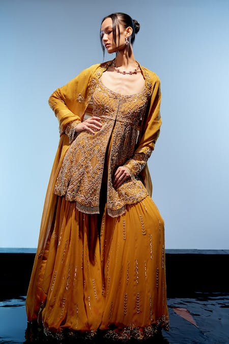 Shop Miku Kumar Orange Organza, Georgette Sequins, Tassels Aurelia Embroidered Kurta Sharara Set Shop_Miku Kumar_Orange Organza, Georgette Sequins, Tassels Aurelia Embroidered Kurta Sharara Set