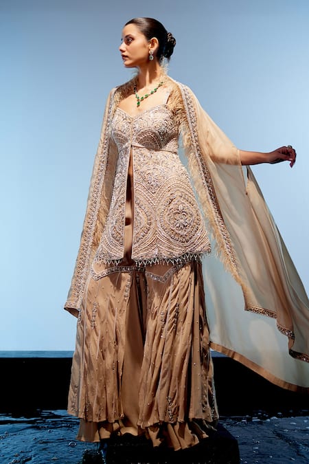 Buy_Miku Kumar_Ivory Organza, Georgette Sequins, Valerie And Embroidered Kurta Sharara Set _Online_at_Aza_Fashions