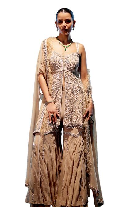 Buy_Miku Kumar_Ivory Organza, Georgette Sequins, Valerie And Embroidered Kurta Sharara Set 
