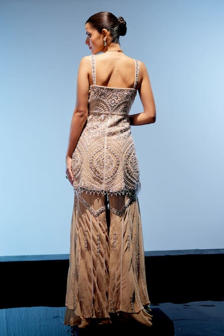 Shop_Miku Kumar_Ivory Organza, Georgette Sequins, Valerie And Embroidered Kurta Sharara Set 