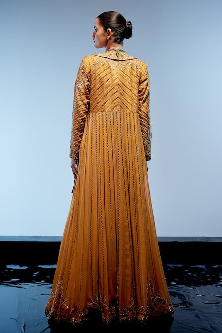 Shop_Miku Kumar_Orange Satin, Georgette Sequins, Embroidery Asymmetric Jacket Layered Skirt Set _at_Aza_Fashions