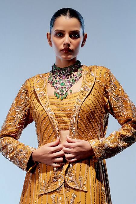 Miku Kumar_Orange Satin, Georgette Sequins, Embroidery Asymmetric Jacket Layered Skirt Set _Online_at_Aza_Fashions