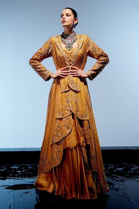 Buy_Miku Kumar_Orange Satin, Georgette Sequins, Embroidery Asymmetric Jacket Layered Skirt Set _Online_at_Aza_Fashions