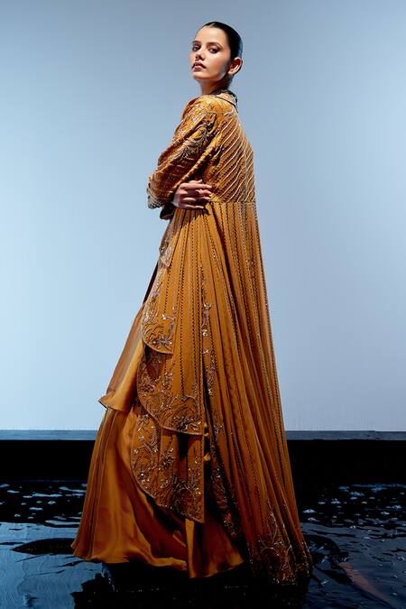 Shop_Miku Kumar_Orange Satin, Georgette Sequins, Embroidery Asymmetric Jacket Layered Skirt Set _Online_at_Aza_Fashions