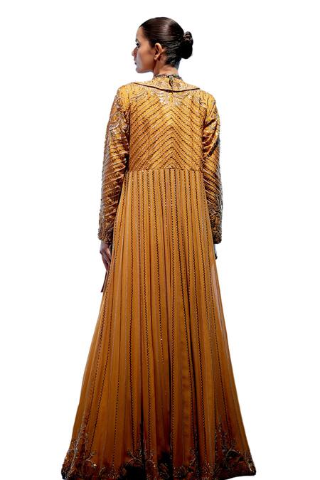 Miku Kumar_Orange Satin, Georgette Sequins, Embroidery Asymmetric Jacket Layered Skirt Set _at_Aza_Fashions