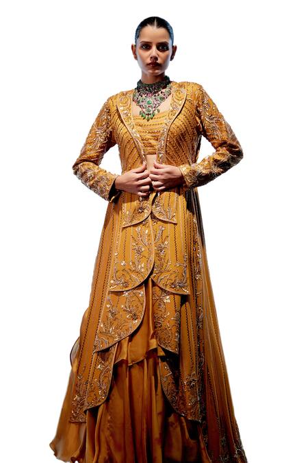 Buy_Miku Kumar_Orange Satin, Georgette Sequins, Embroidery Asymmetric Jacket Layered Skirt Set 