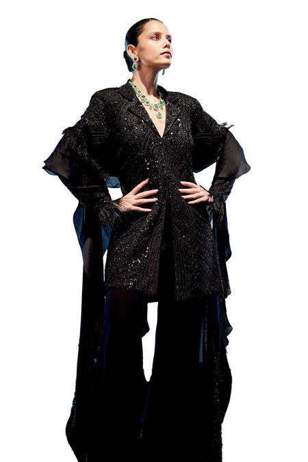 Miku Kumar_Black Satin, Georgette, Organza Sequins, Beads Embroidered Jacket Sharara Set _Online_at_Aza_Fashions