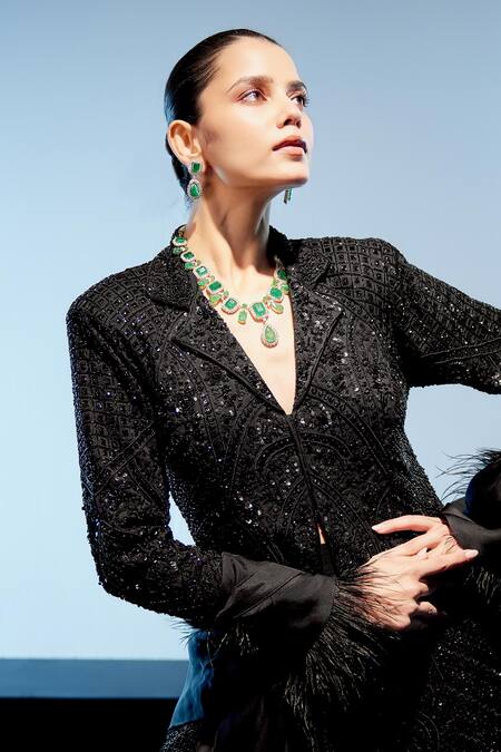 Shop_Miku Kumar_Black Satin, Georgette, Organza Sequins, Beads Embroidered Jacket Sharara Set _Online_at_Aza_Fashions
