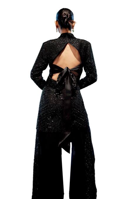 Miku Kumar_Black Satin, Georgette, Organza Sequins, Beads Embroidered Jacket Sharara Set _at_Aza_Fashions