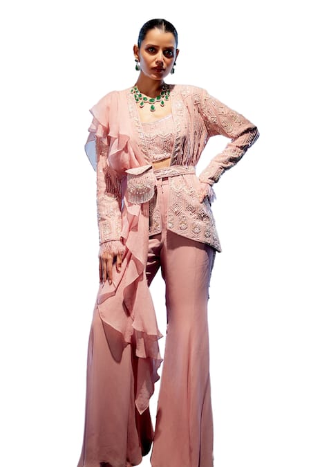 Buy_Miku Kumar_Pink Organza, Georgette Sequins, Beads V-neck, Embroidered Jacket Sharara Set _Online_at_Aza_Fashions