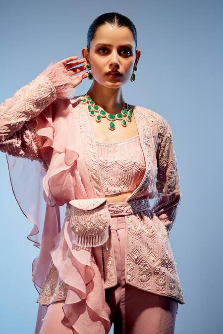 Shop_Miku Kumar_Pink Organza, Georgette Sequins, Beads V-neck, Embroidered Jacket Sharara Set _Online_at_Aza_Fashions