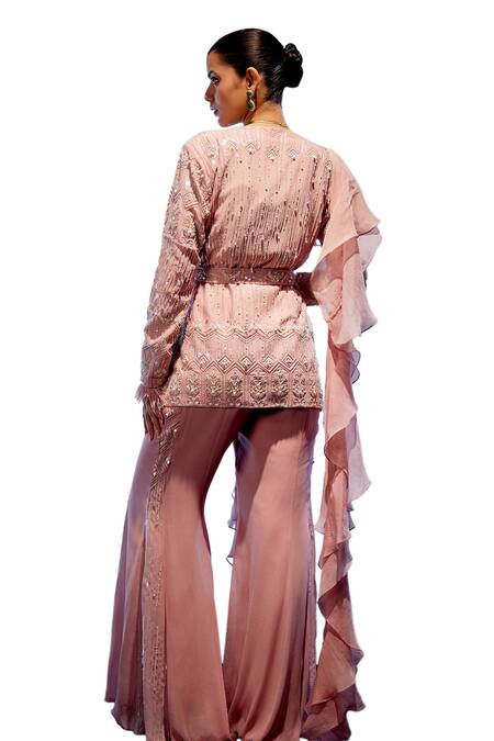 Buy_Miku Kumar_Pink Organza, Georgette Sequins, Beads V-neck, Embroidered Jacket Sharara Set 