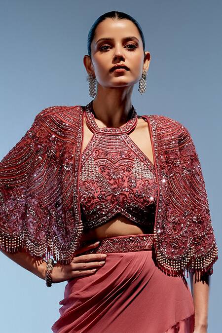 Shop_Miku Kumar_Red Satin, Organza, Georgette, Net Sequins, Embroidered Cape Layered Lehenga Set _at_Aza_Fashions