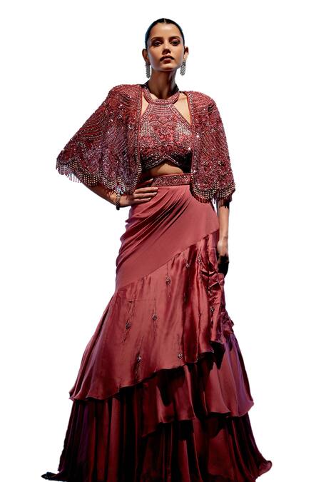Buy_Miku Kumar_Red Satin, Organza, Georgette, Net Sequins, Embroidered Cape Layered Lehenga Set _Online_at_Aza_Fashions