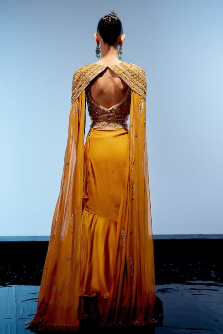 Shop_Miku Kumar_Orange Satin, Organza, Georgette Beads, Embroidered Cape Draped Skirt Set _at_Aza_Fashions
