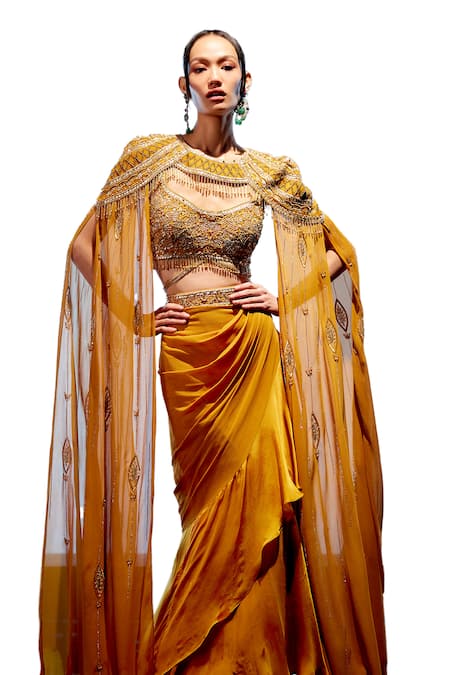 Miku Kumar_Orange Satin, Organza, Georgette Beads, Embroidered Cape Draped Skirt Set _Online_at_Aza_Fashions
