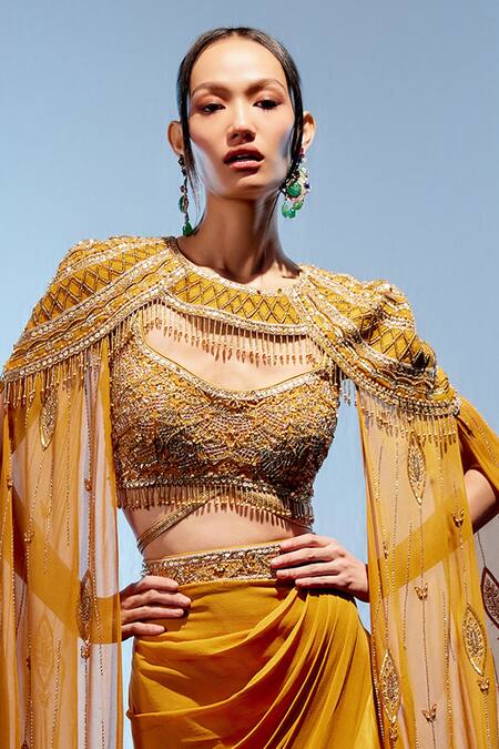 Buy_Miku Kumar_Orange Satin, Organza, Georgette Beads, Embroidered Cape Draped Skirt Set _Online_at_Aza_Fashions