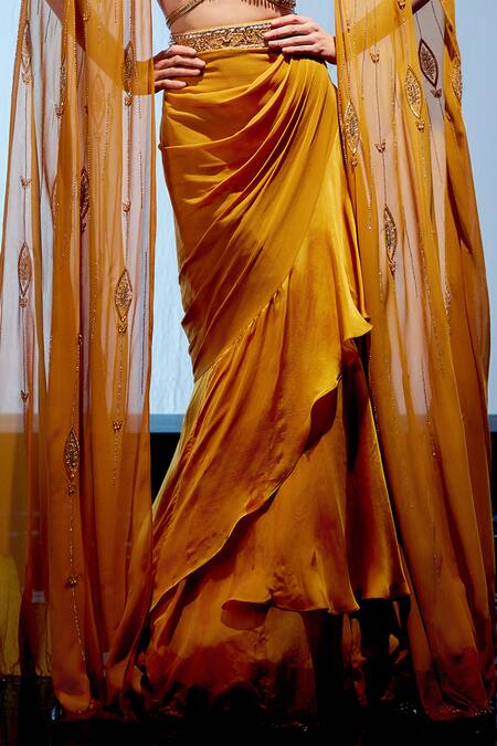 Shop_Miku Kumar_Orange Satin, Organza, Georgette Beads, Embroidered Cape Draped Skirt Set _Online_at_Aza_Fashions