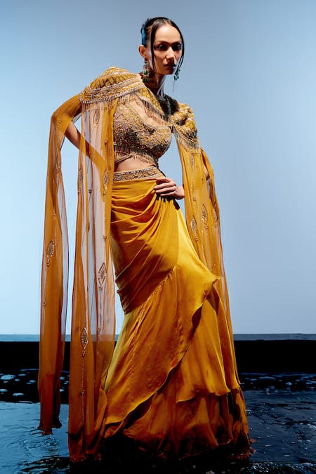 Miku Kumar_Orange Satin, Organza, Georgette Beads, Embroidered Cape Draped Skirt Set _at_Aza_Fashions