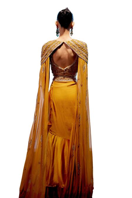Buy_Miku Kumar_Orange Satin, Organza, Georgette Beads, Embroidered Cape Draped Skirt Set 
