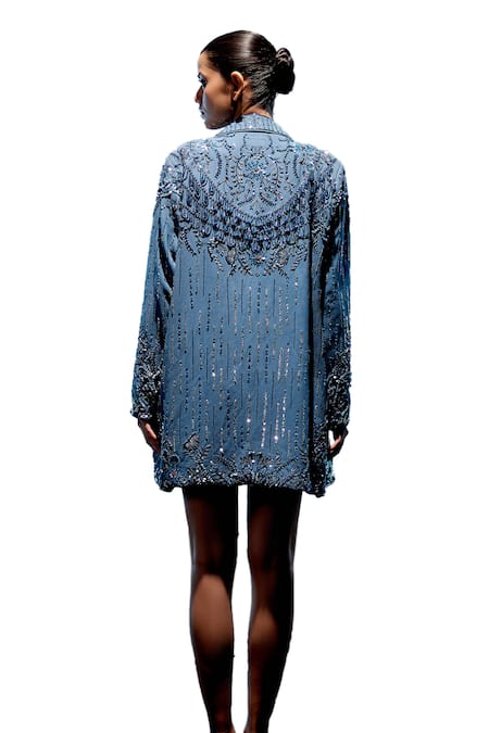 Miku Kumar_Blue Triple Georgette Embroidered Sequin Lapel Jacket And Shorts Set  _at_Aza_Fashions