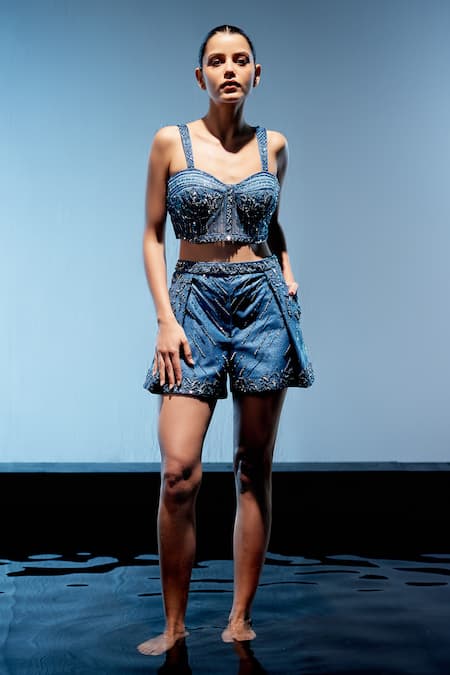 Shop_Miku Kumar_Blue Triple Georgette Embroidered Sequin Lapel Jacket And Shorts Set  