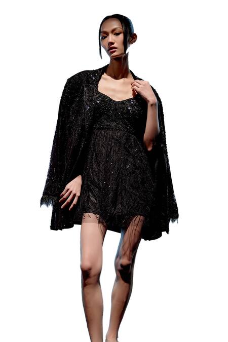 Buy_Miku Kumar_Black Triple Georgette Embroidered Sequin Sweetheart Dress With Jacket  _Online_at_Aza_Fashions