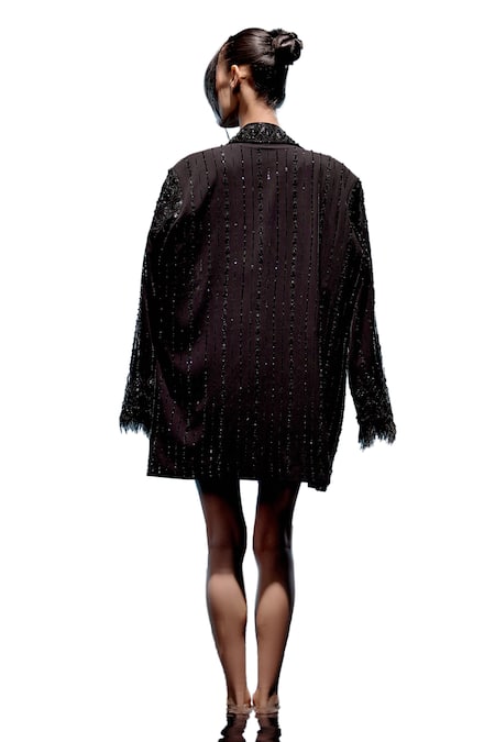 Miku Kumar_Black Triple Georgette Embroidered Sequin Sweetheart Dress With Jacket  _at_Aza_Fashions