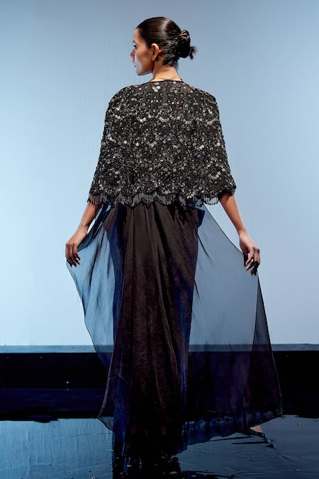 Shop Miku Kumar Black Organza, Net, Satin, Plain Pre-draped Saree With Embroidered Cape at Aza Fashions Shop_Miku Kumar_Black Organza, Net, Satin, Plain Pre-draped Saree With Embroidered Cape _at_Aza_Fashions