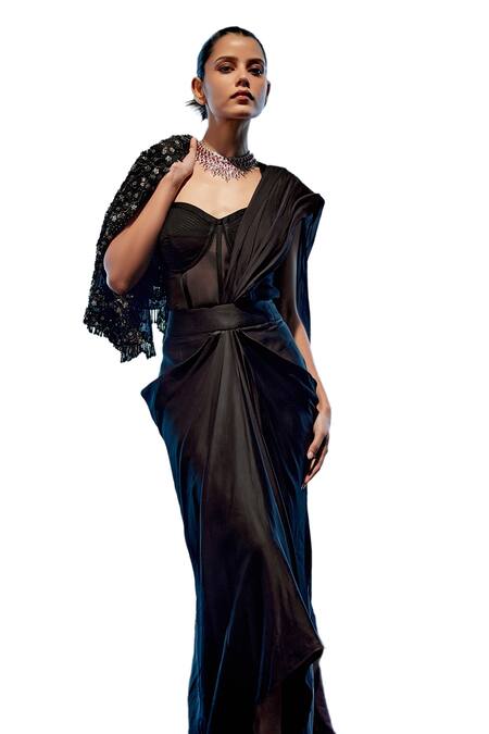 Buy Miku Kumar Black Organza, Net, Satin, Plain Pre-draped Saree With Embroidered Cape Online at Aza Fashions Buy_Miku Kumar_Black Organza, Net, Satin, Plain Pre-draped Saree With Embroidered Cape _Online_at_Aza_Fashions