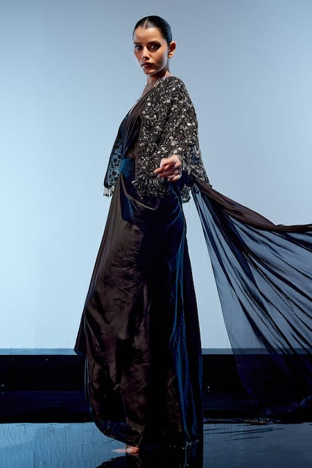 Shop Miku Kumar Black Organza, Net, Satin, Plain Pre-draped Saree With Embroidered Cape Online at Aza Fashions Shop_Miku Kumar_Black Organza, Net, Satin, Plain Pre-draped Saree With Embroidered Cape _Online_at_Aza_Fashions