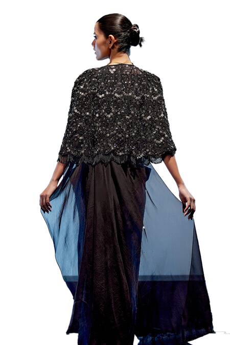 Miku Kumar Black Organza, Net, Satin, Plain Pre-draped Saree With Embroidered Cape at Aza Fashions Miku Kumar_Black Organza, Net, Satin, Plain Pre-draped Saree With Embroidered Cape _at_Aza_Fashions