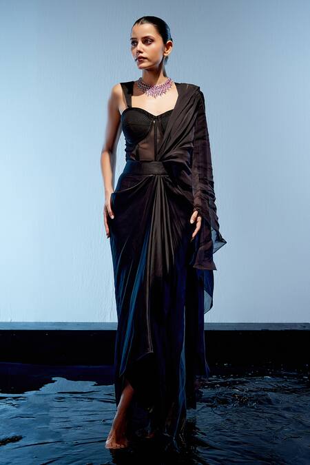 Buy Miku Kumar Black Organza, Net, Satin, Plain Pre-draped Saree With Embroidered Cape Buy_Miku Kumar_Black Organza, Net, Satin, Plain Pre-draped Saree With Embroidered Cape