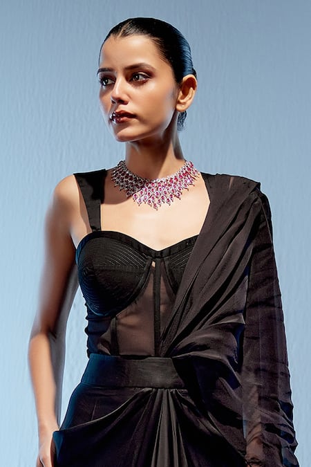 Shop Miku Kumar Black Organza, Net, Satin, Plain Pre-draped Saree With Embroidered Cape Shop_Miku Kumar_Black Organza, Net, Satin, Plain Pre-draped Saree With Embroidered Cape