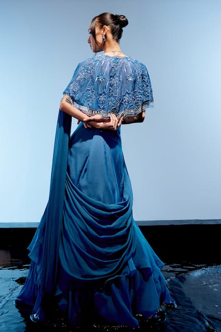 Shop_Miku Kumar_Blue Georgette, Organza Sequins, Beads Embroidered Cape Pre-draped Saree Set _at_Aza_Fashions