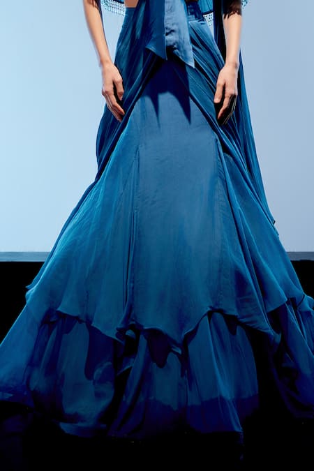 Miku Kumar_Blue Georgette, Organza Sequins, Beads Embroidered Cape Pre-draped Saree Set _Online_at_Aza_Fashions