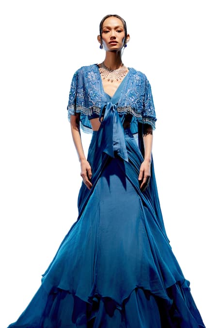 Buy_Miku Kumar_Blue Georgette, Organza Sequins, Beads Embroidered Cape Pre-draped Saree Set _Online_at_Aza_Fashions